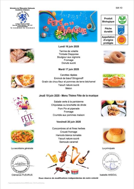 Menu cantine scolaire du 16 au 20 juin 2025